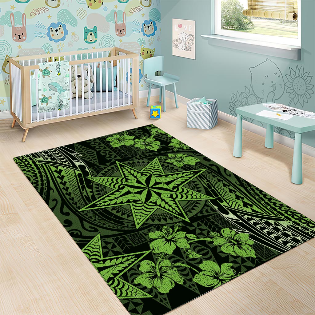 Vintage Tonga Tribal Ngatu Pattern Area Rug With Pacific Floral Lime Green Art