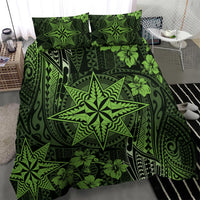 Vintage Tonga Tribal Ngatu Pattern Bedding Set With Pacific Floral Lime Green Art
