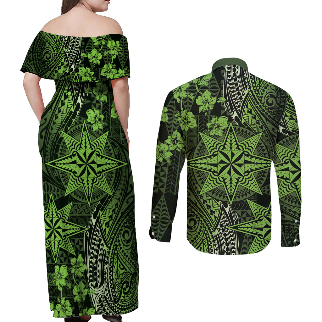 Vintage Tonga Tribal Ngatu Pattern Couples Matching Off Shoulder Maxi Dress and Long Sleeve Button Shirt With Pacific Floral Lime Green Art