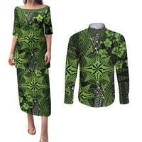 Vintage Tonga Tribal Ngatu Pattern Couples Matching Puletasi and Long Sleeve Button Shirt With Pacific Floral Lime Green Art LT9 Lime Green - Polynesian Pride