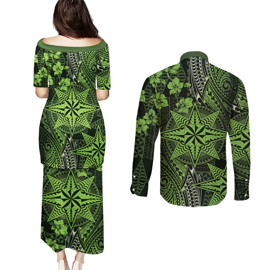 Vintage Tonga Tribal Ngatu Pattern Couples Matching Puletasi and Long Sleeve Button Shirt With Pacific Floral Lime Green Art LT9 - Polynesian Pride