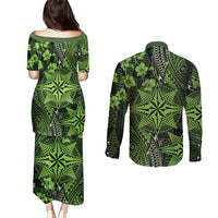 Vintage Tonga Tribal Ngatu Pattern Couples Matching Puletasi and Long Sleeve Button Shirt With Pacific Floral Lime Green Art LT9 - Polynesian Pride