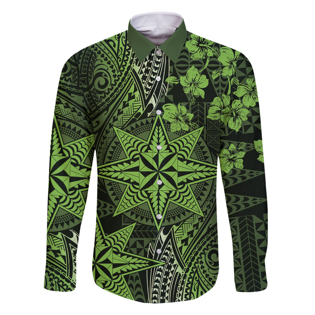 Vintage Tonga Tribal Ngatu Pattern Family Matching Mermaid Dress and Hawaiian Shirt With Pacific Floral Lime Green Art