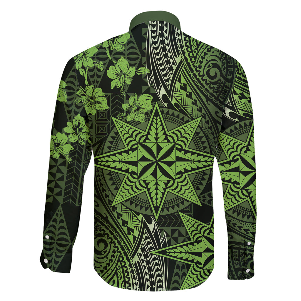 Vintage Tonga Tribal Ngatu Pattern Family Matching Mermaid Dress and Hawaiian Shirt With Pacific Floral Lime Green Art