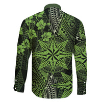 Vintage Tonga Tribal Ngatu Pattern Family Matching Tank Maxi Dress and Hawaiian Shirt With Pacific Floral Lime Green Art