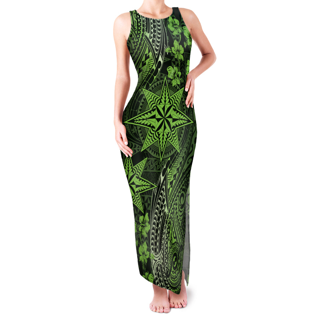 Vintage Tonga Tribal Ngatu Pattern Family Matching Tank Maxi Dress and Hawaiian Shirt With Pacific Floral Lime Green Art