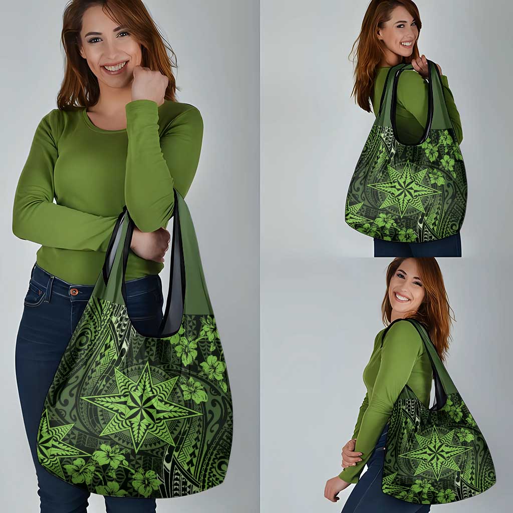 Vintage Tonga Tribal Ngatu Pattern Grocery Bag With Pacific Floral Lime Green Art