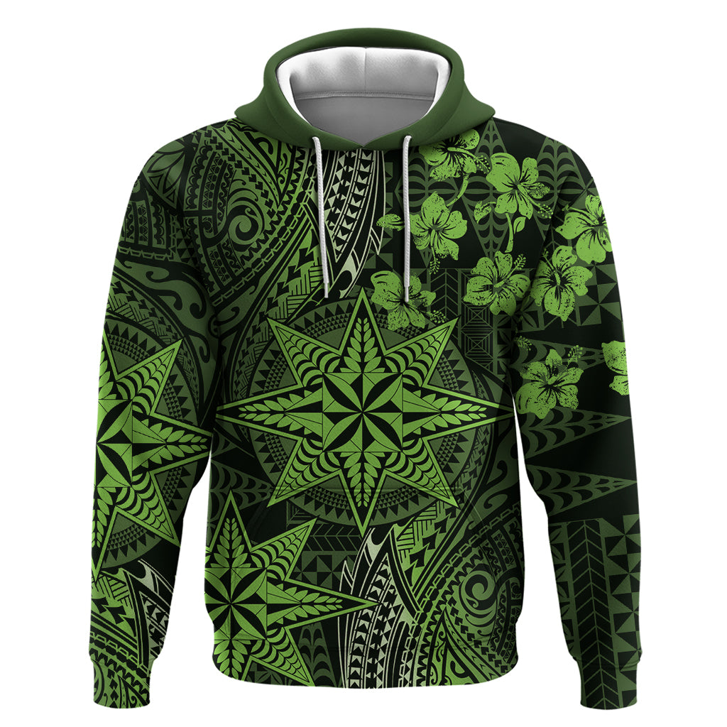 Vintage Tonga Tribal Ngatu Pattern Hoodie With Pacific Floral Lime Green Art LT9 Pullover Hoodie Lime Green - Polynesian Pride