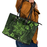 Vintage Tonga Tribal Ngatu Pattern Leather Tote Bag With Pacific Floral Lime Green Art
