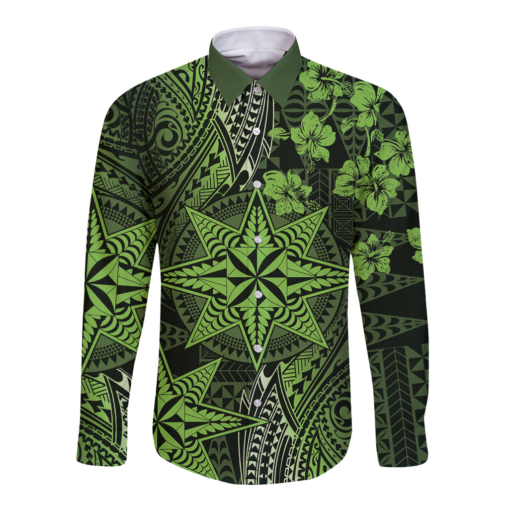 Vintage Tonga Tribal Ngatu Pattern Long Sleeve Button Shirt With Pacific Floral Lime Green Art LT9 Unisex Lime Green - Polynesian Pride