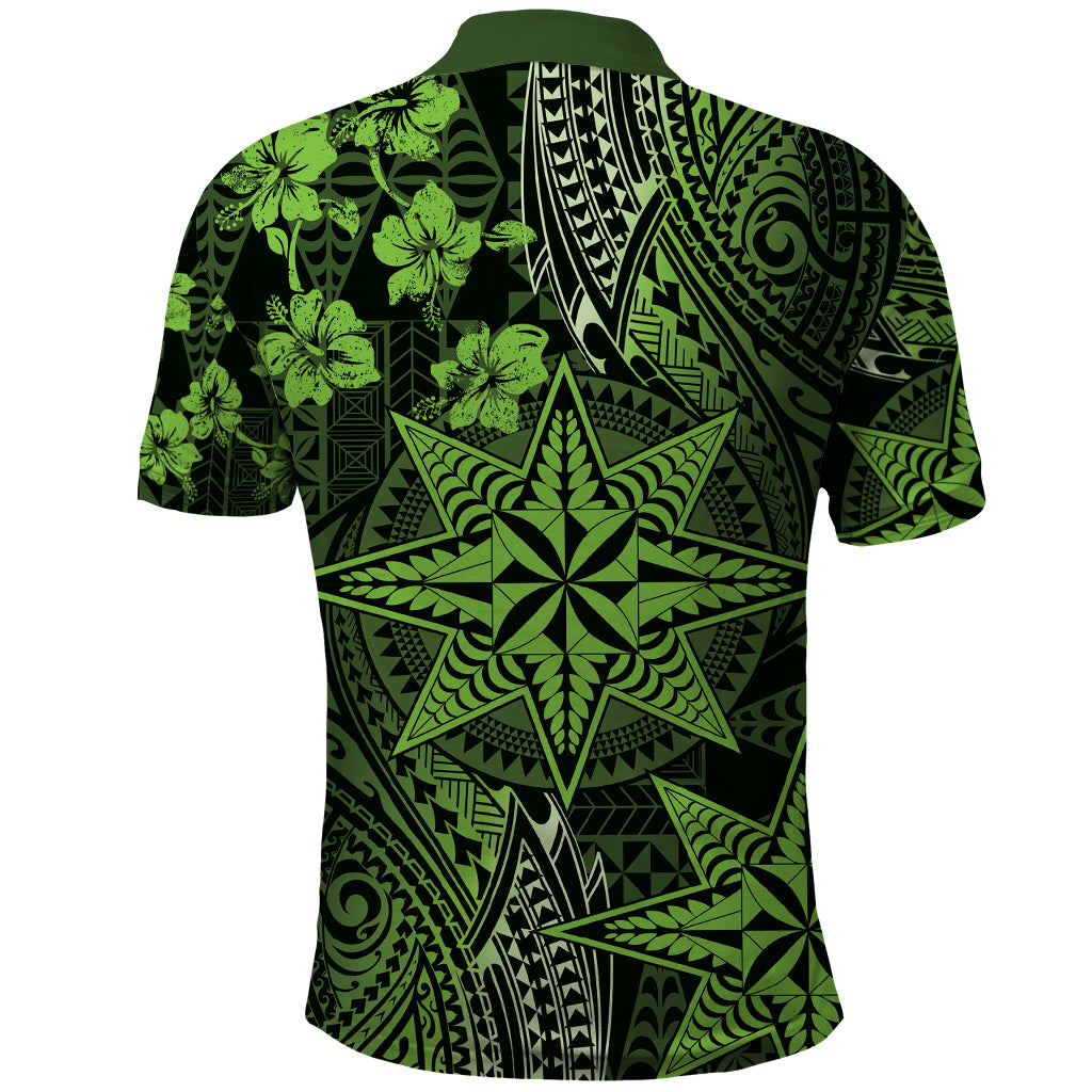 Vintage Tonga Tribal Ngatu Pattern Polo Shirt With Pacific Floral Lime Green Art LT9 - Polynesian Pride