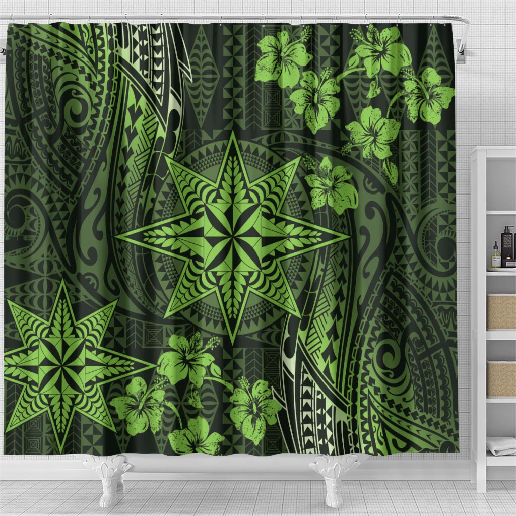 Vintage Tonga Tribal Ngatu Pattern Shower Curtain With Pacific Floral Lime Green Art