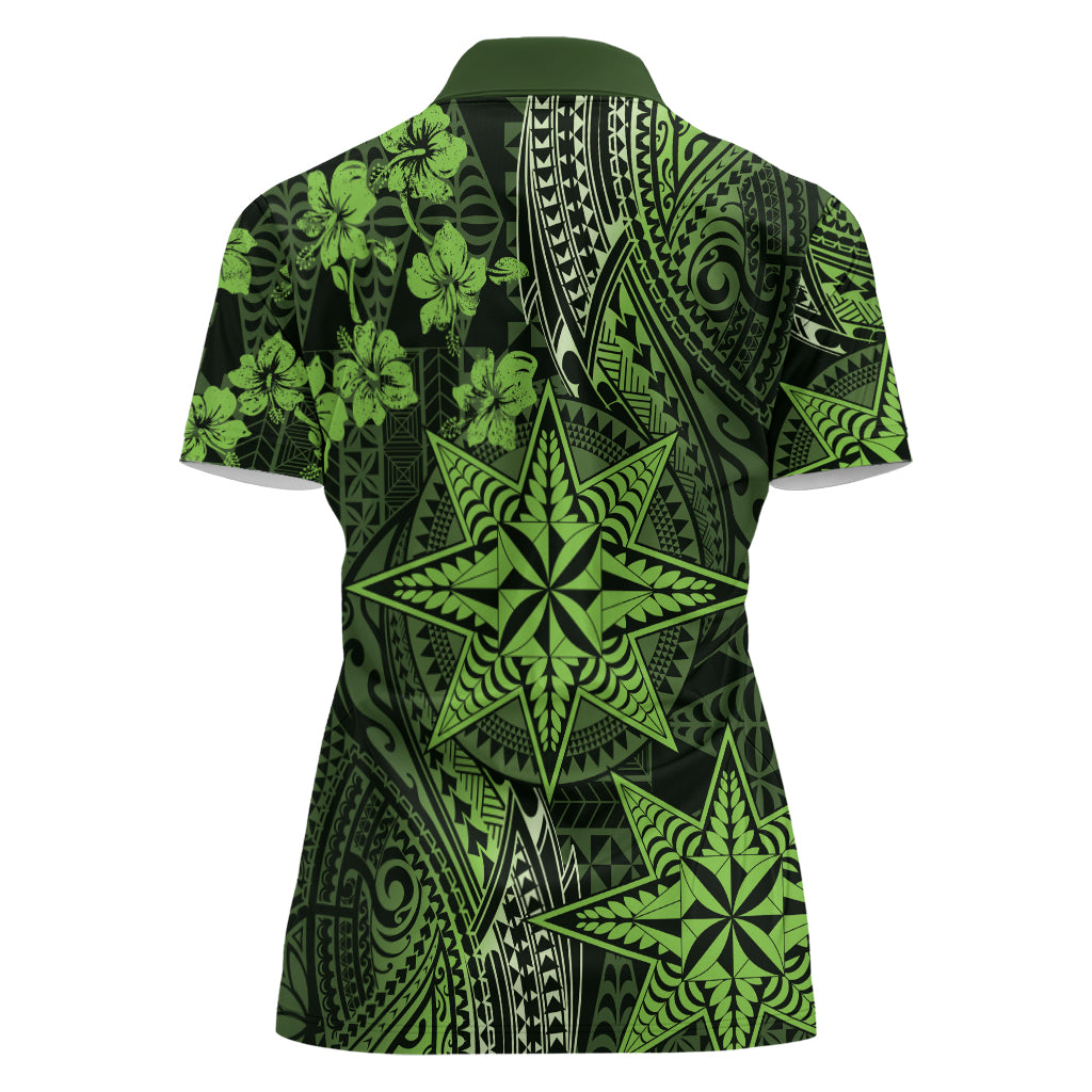 Vintage Tonga Tribal Ngatu Pattern Women Polo Shirt With Pacific Floral Lime Green Art
