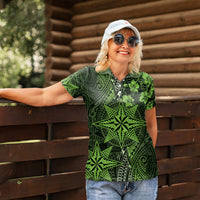 Vintage Tonga Tribal Ngatu Pattern Women Polo Shirt With Pacific Floral Lime Green Art