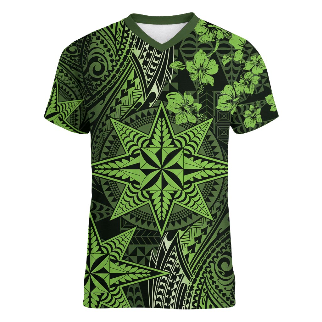 Vintage Tonga Tribal Ngatu Pattern Women V-Neck T-Shirt With Pacific Floral Lime Green Art LT9 Female Lime Green - Polynesian Pride