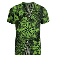 Vintage Tonga Tribal Ngatu Pattern Women V-Neck T-Shirt With Pacific Floral Lime Green Art LT9 - Polynesian Pride