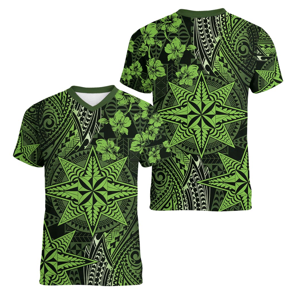 Vintage Tonga Tribal Ngatu Pattern Women V-Neck T-Shirt With Pacific Floral Lime Green Art LT9 - Polynesian Pride