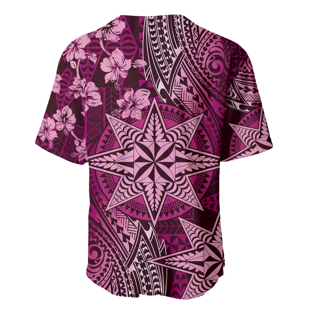 Vintage Tonga Tribal Ngatu Pattern Baseball Jersey With Pacific Floral Pink Art