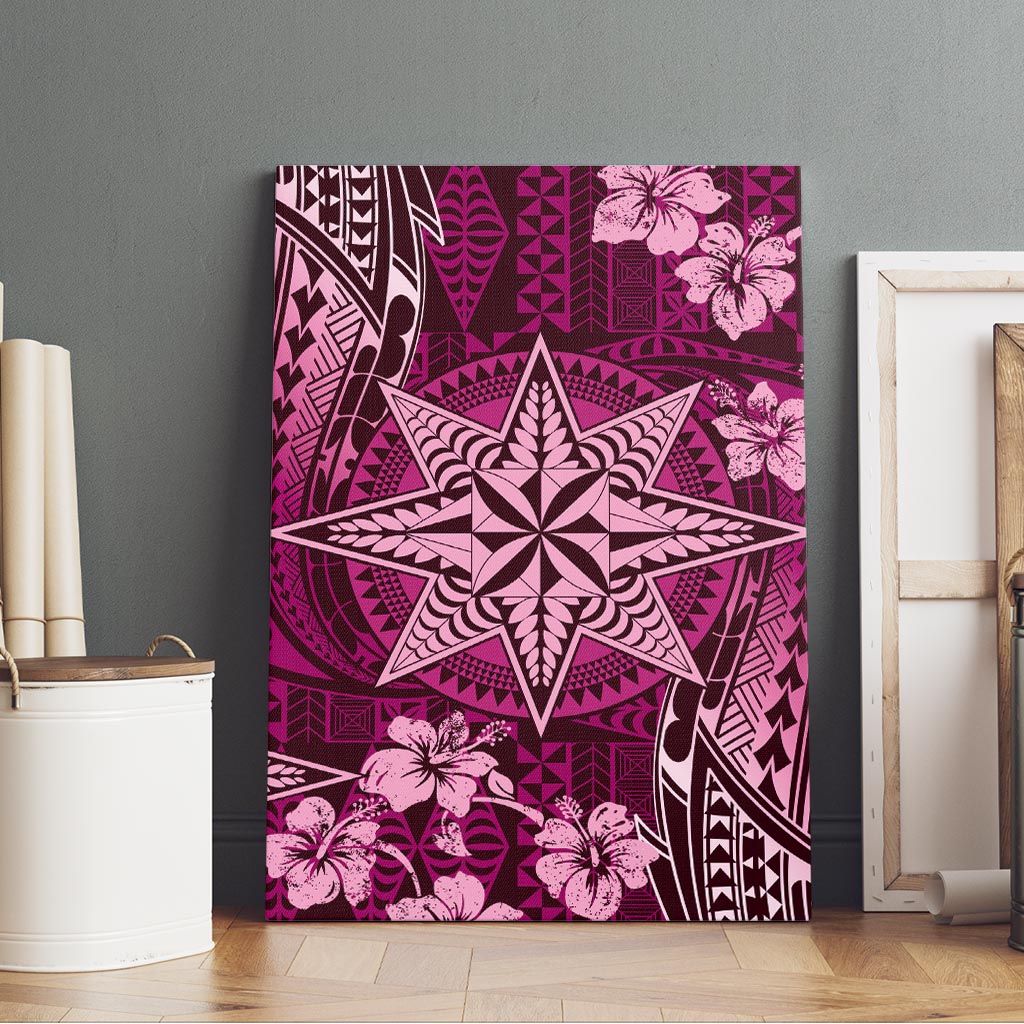 Vintage Tonga Tribal Ngatu Pattern Canvas Wall Art With Pacific Floral Pink Art