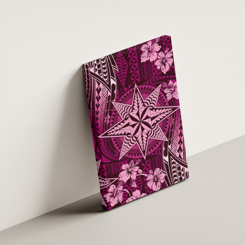 Vintage Tonga Tribal Ngatu Pattern Canvas Wall Art With Pacific Floral Pink Art