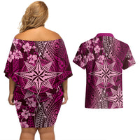 Vintage Tonga Tribal Ngatu Pattern Couples Matching Off Shoulder Short Dress and Hawaiian Shirt With Pacific Floral Pink Art