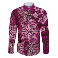 Vintage Tonga Tribal Ngatu Pattern Family Matching Long Sleeve Bodycon Dress and Hawaiian Shirt With Pacific Floral Pink Art