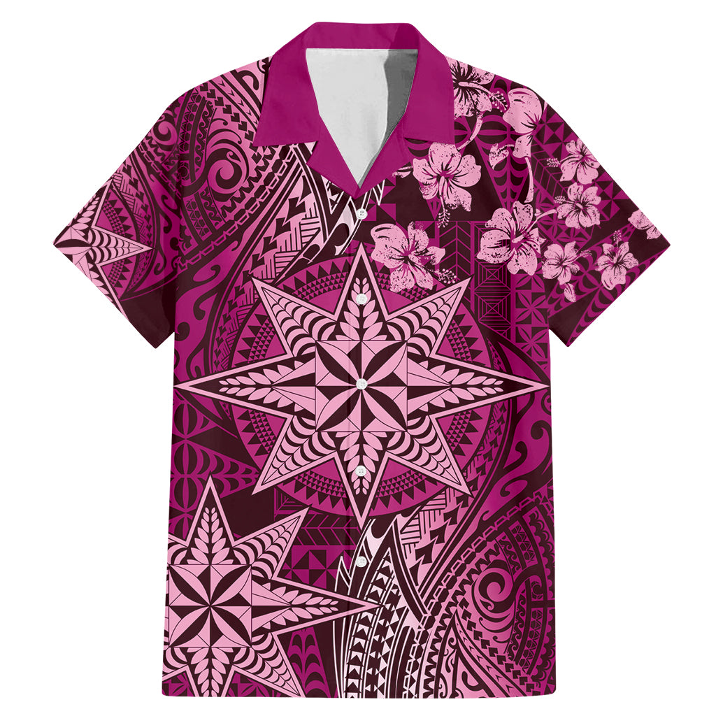 Vintage Tonga Tribal Ngatu Pattern Family Matching Mermaid Dress and Hawaiian Shirt With Pacific Floral Pink Art