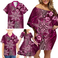 Vintage Tonga Tribal Ngatu Pattern Family Matching Off Shoulder Short Dress and Hawaiian Shirt With Pacific Floral Pink Art