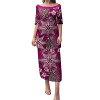 Vintage Tonga Tribal Ngatu Pattern Family Matching Puletasi and Hawaiian Shirt With Pacific Floral Pink Art