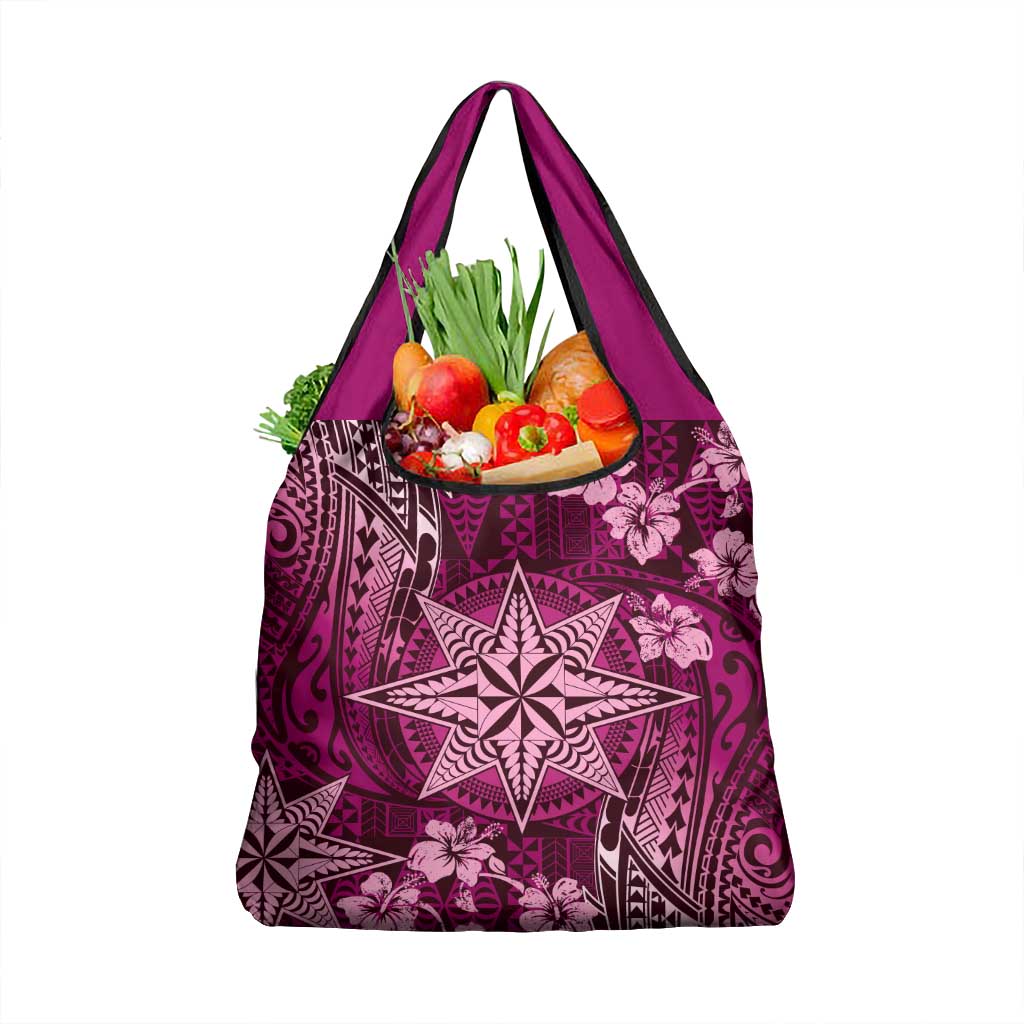 Vintage Tonga Tribal Ngatu Pattern Grocery Bag With Pacific Floral Pink Art