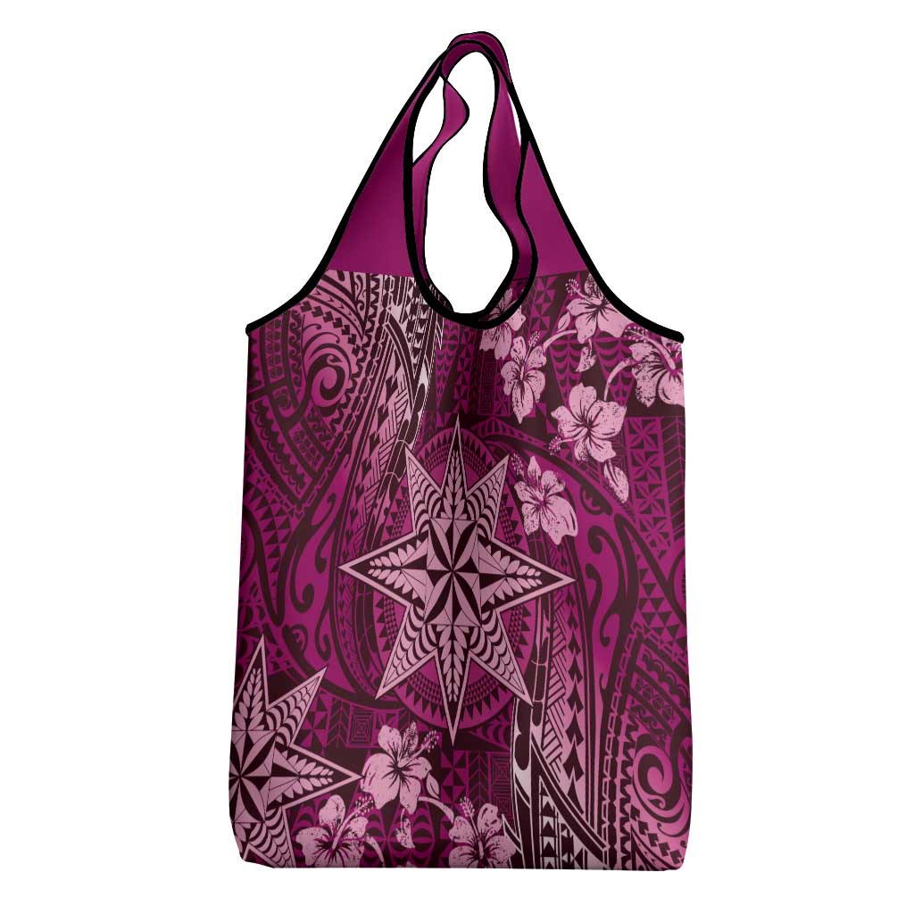 Vintage Tonga Tribal Ngatu Pattern Grocery Bag With Pacific Floral Pink Art