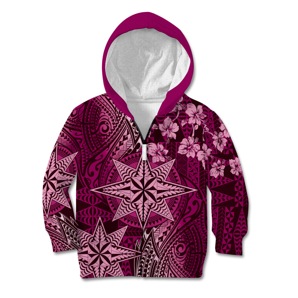 Vintage Tonga Tribal Ngatu Pattern Kid Hoodie With Pacific Floral Pink Art LT9 Zip Hoodie Pink - Polynesian Pride