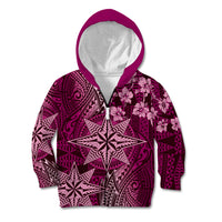 Vintage Tonga Tribal Ngatu Pattern Kid Hoodie With Pacific Floral Pink Art LT9 Zip Hoodie Pink - Polynesian Pride