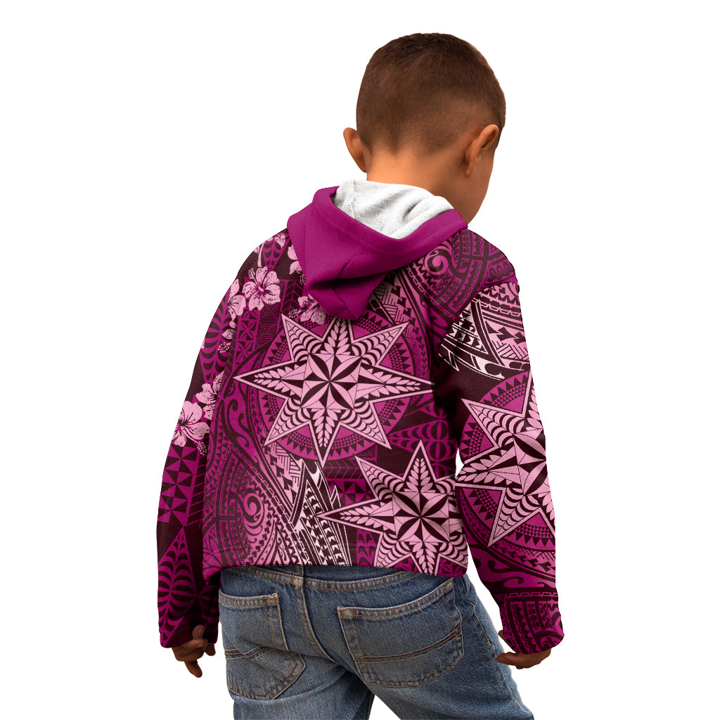 Vintage Tonga Tribal Ngatu Pattern Kid Hoodie With Pacific Floral Pink Art LT9 - Polynesian Pride