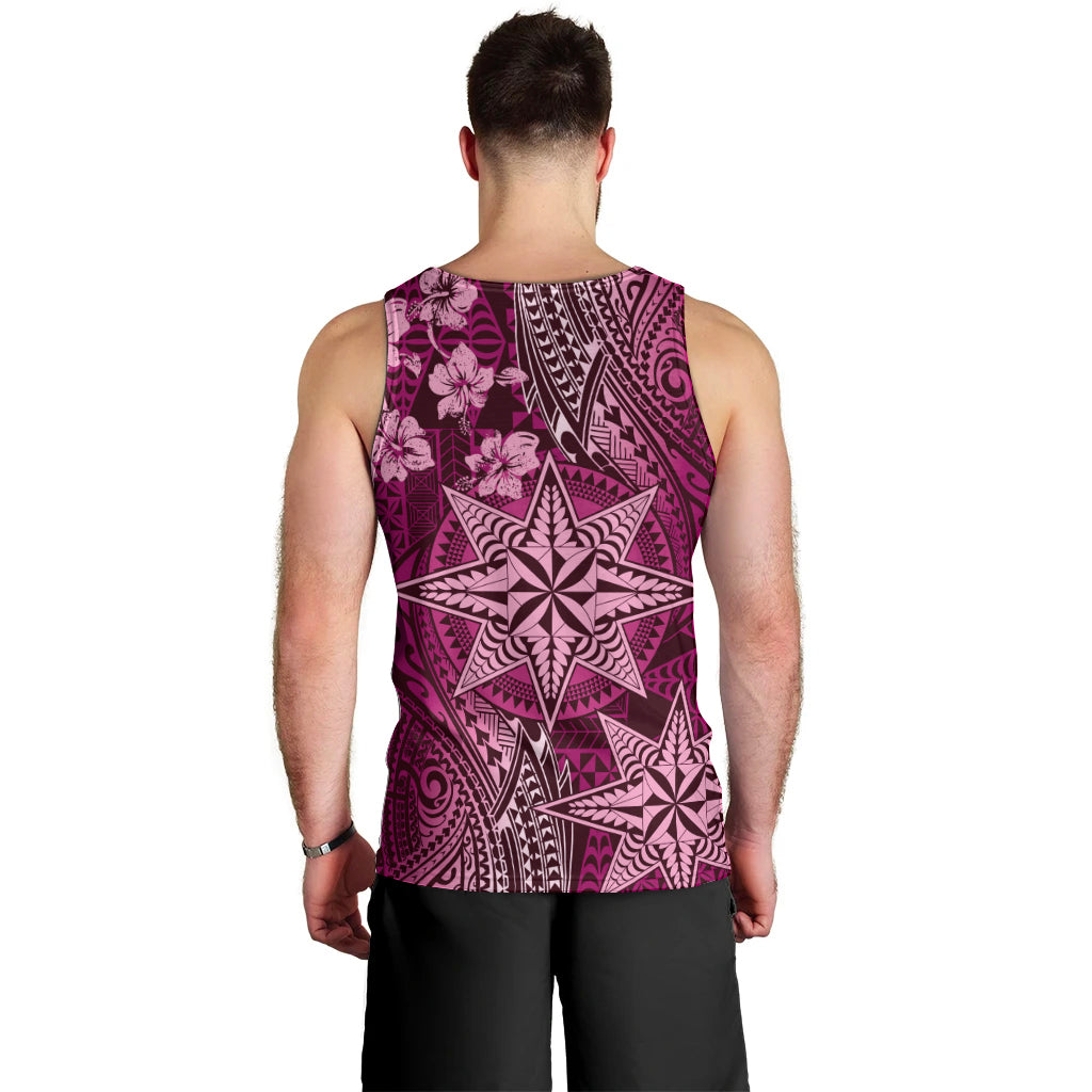 Vintage Tonga Tribal Ngatu Pattern Men Tank Top With Pacific Floral Pink Art
