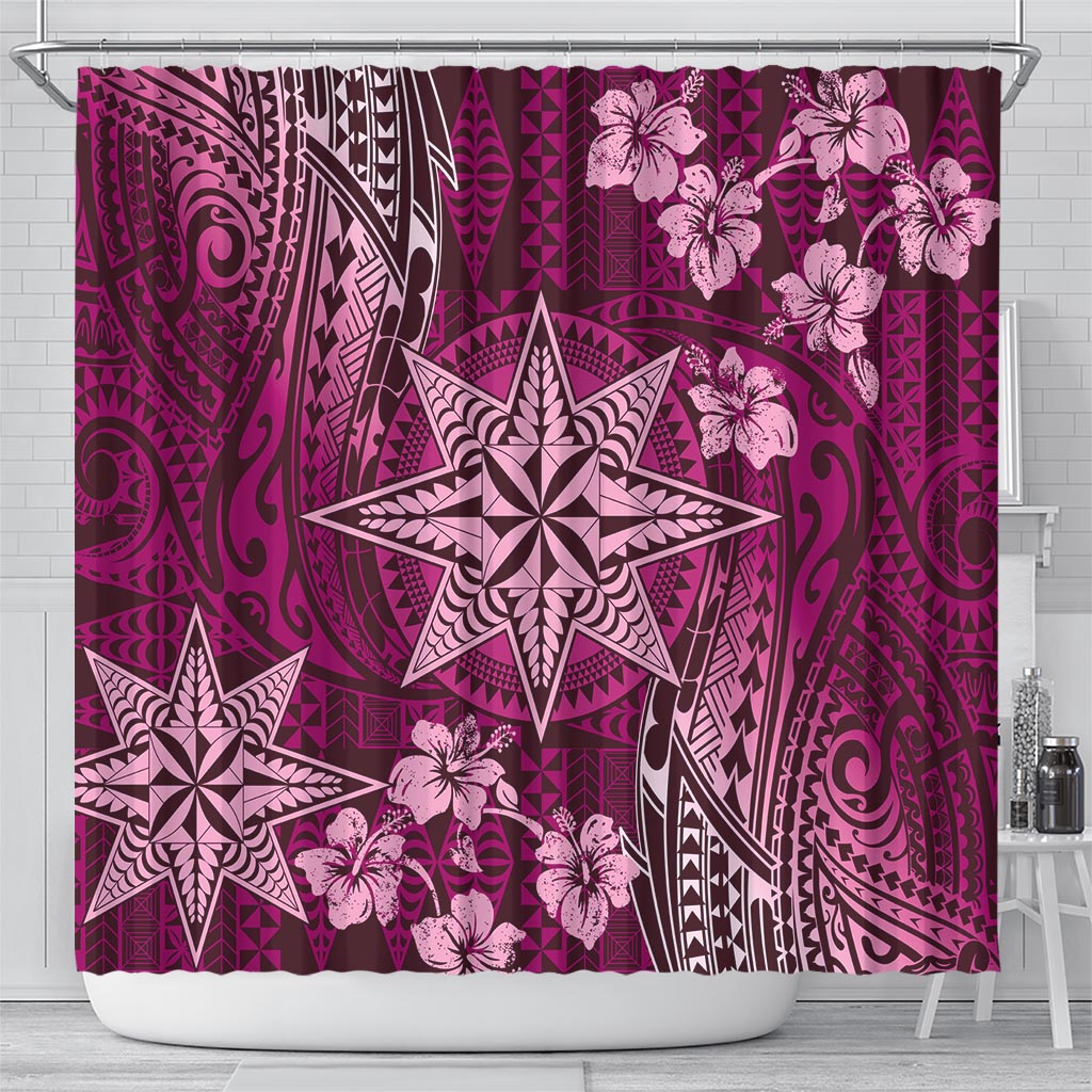 Vintage Tonga Tribal Ngatu Pattern Shower Curtain With Pacific Floral Pink Art