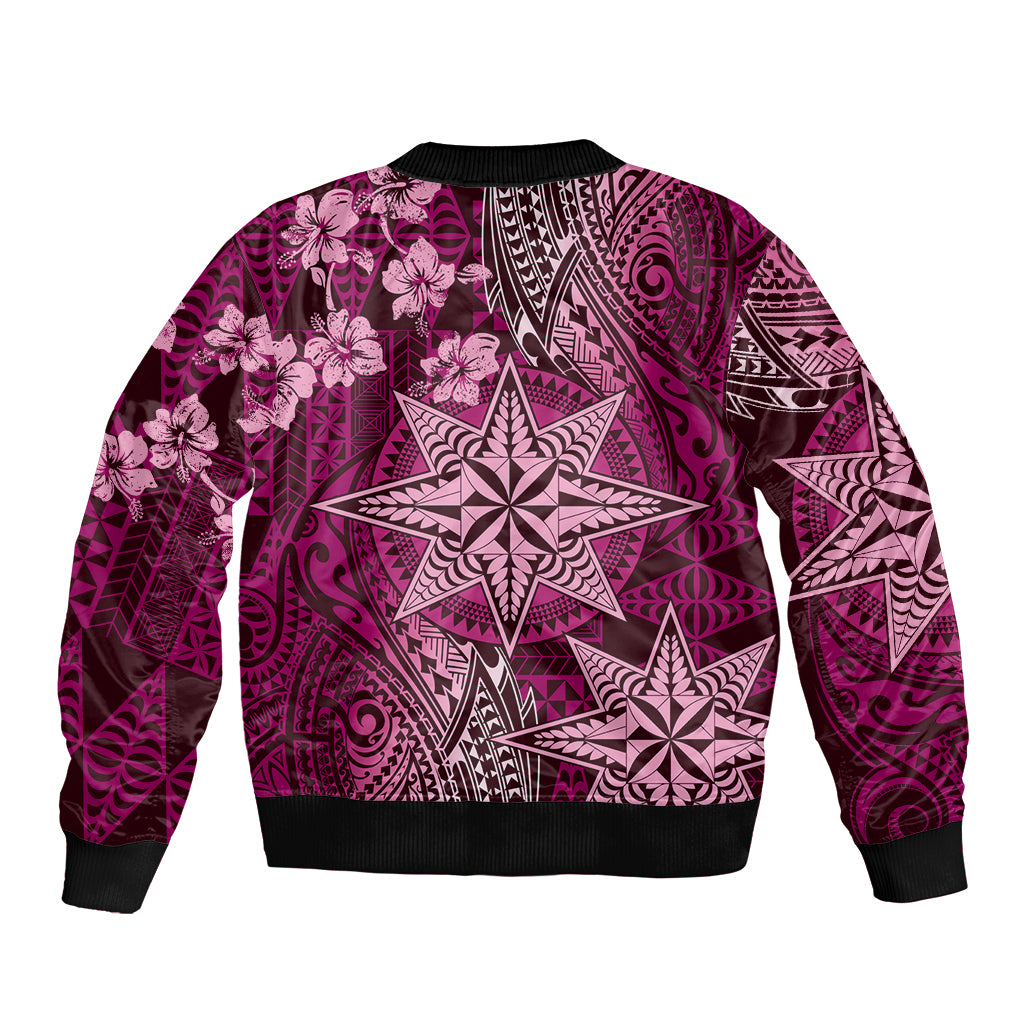 Vintage Tonga Tribal Ngatu Pattern Sleeve Zip Bomber Jacket With Pacific Floral Pink Art
