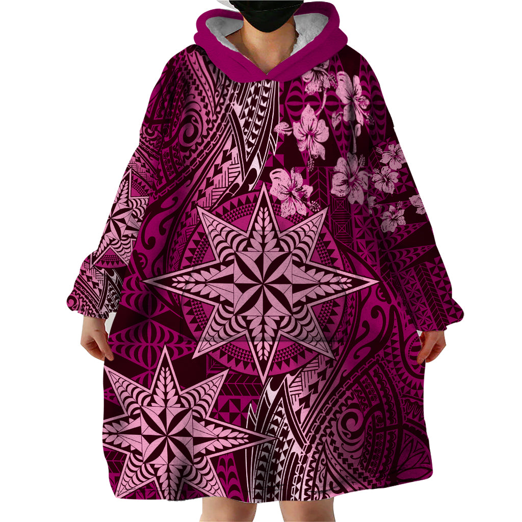Vintage Tonga Tribal Ngatu Pattern Wearable Blanket Hoodie With Pacific Floral Pink Art