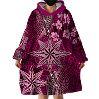 Vintage Tonga Tribal Ngatu Pattern Wearable Blanket Hoodie With Pacific Floral Pink Art