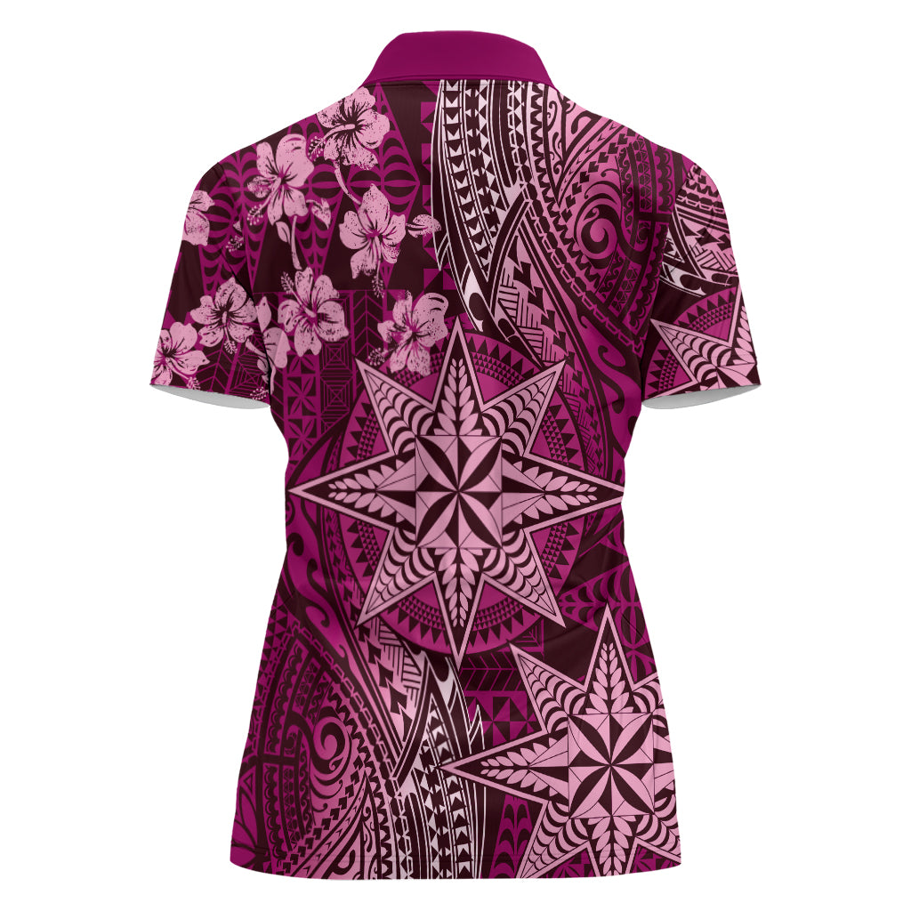 Vintage Tonga Tribal Ngatu Pattern Women Polo Shirt With Pacific Floral Pink Art