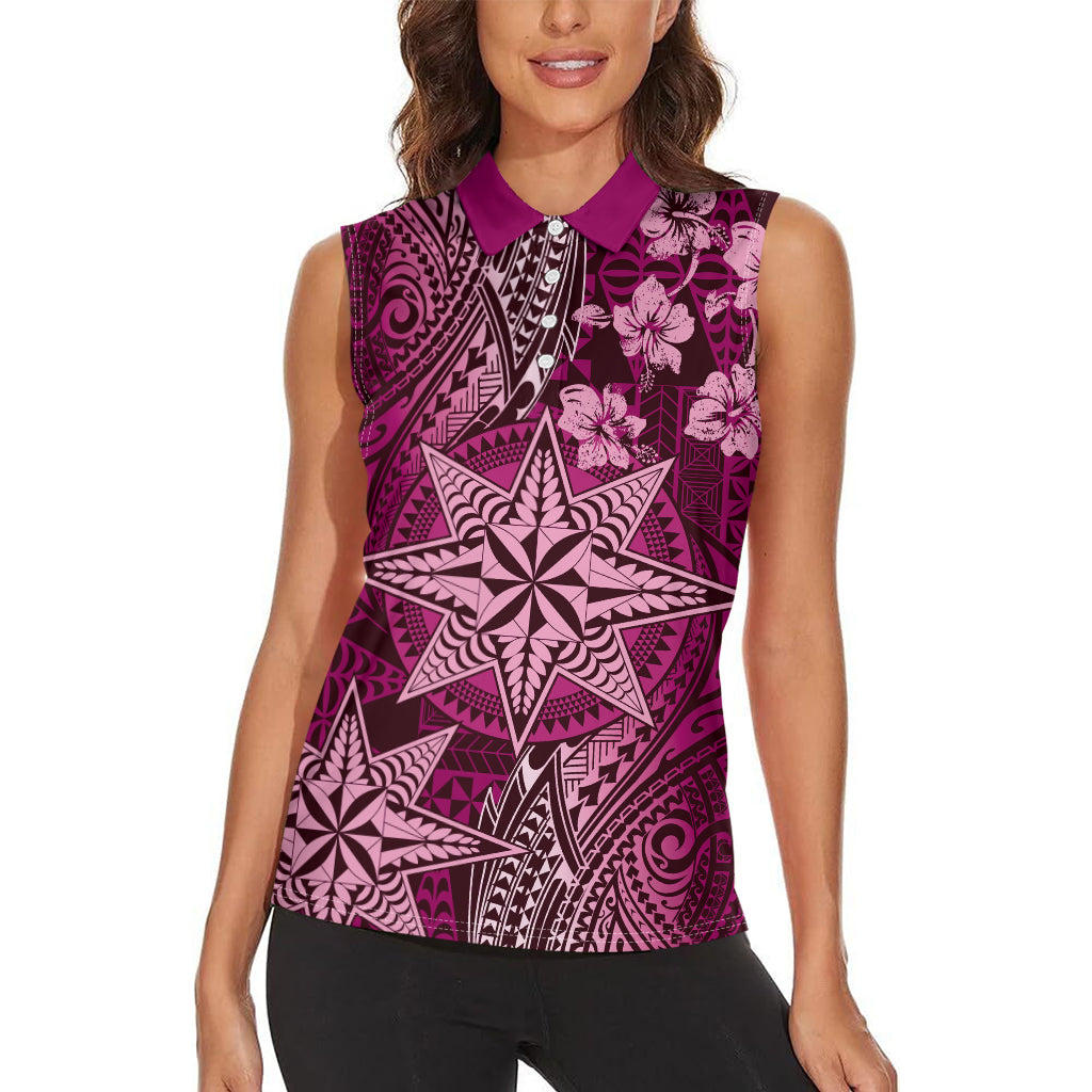 Vintage Tonga Tribal Ngatu Pattern Women Sleeveless Polo Shirt With Pacific Floral Pink Art