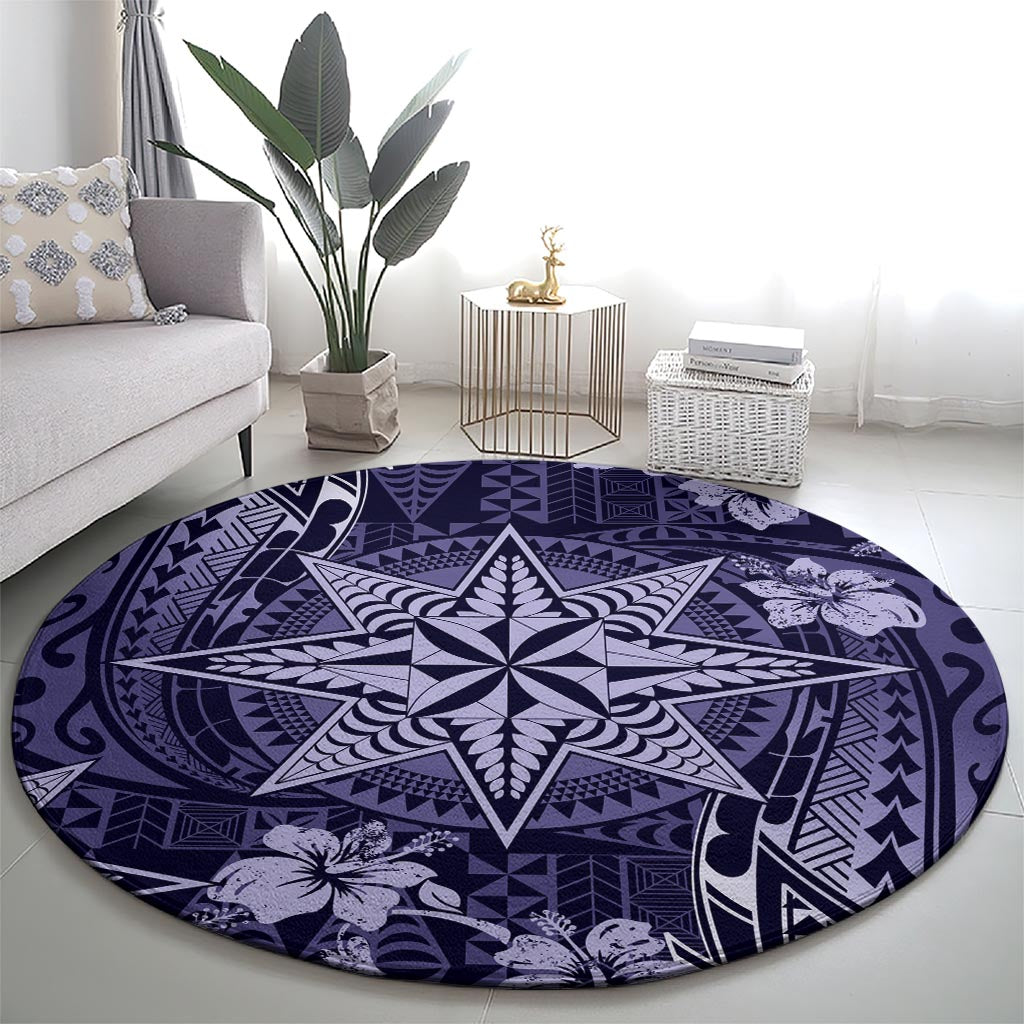 Vintage Tonga Tribal Ngatu Pattern Round Carpet With Pacific Floral Pink Art