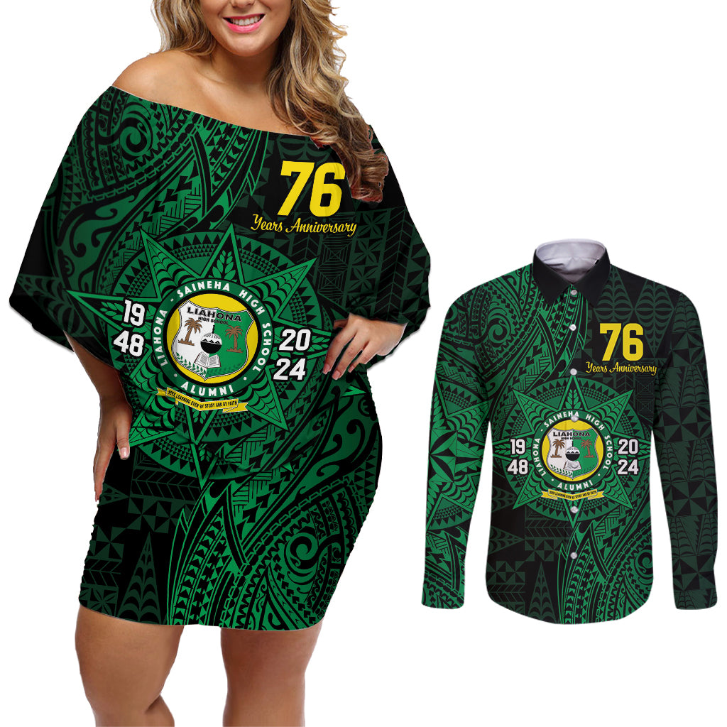 Personalised Tonga Liahona High School 76th Anniversary Couples Matching Off Shoulder Short Dress and Long Sleeve Button Shirt Special Kupesi Pattern