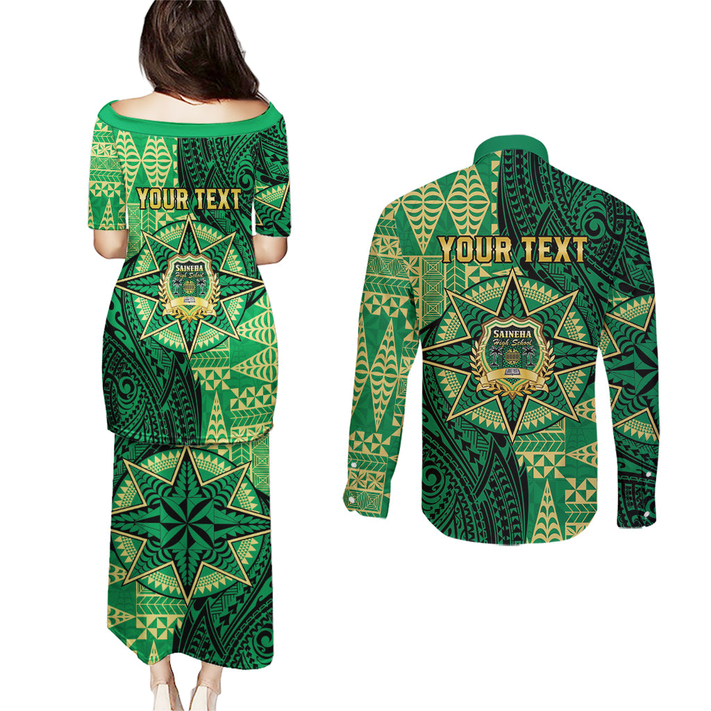 Personalised Tonga Saineha High School Couples Matching Puletasi and Long Sleeve Button Shirt Since 1978 Special Kupesi Pattern
