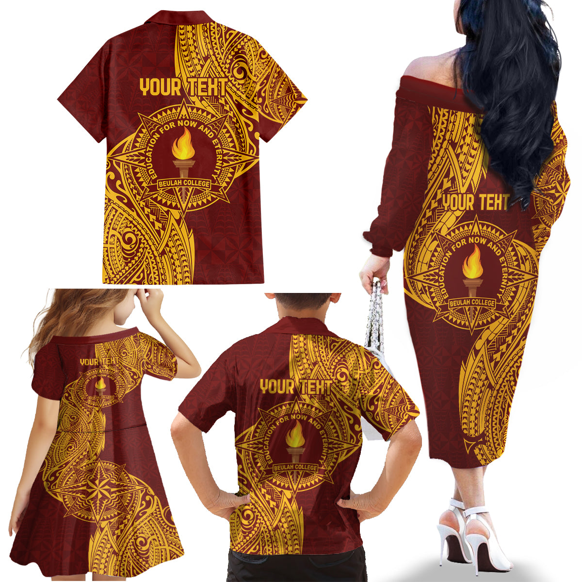 Personalised Tonga Beulah College Family Matching Off The Shoulder Long Sleeve Dress and Hawaiian Shirt Since 1938 Special Kupesi Pattern