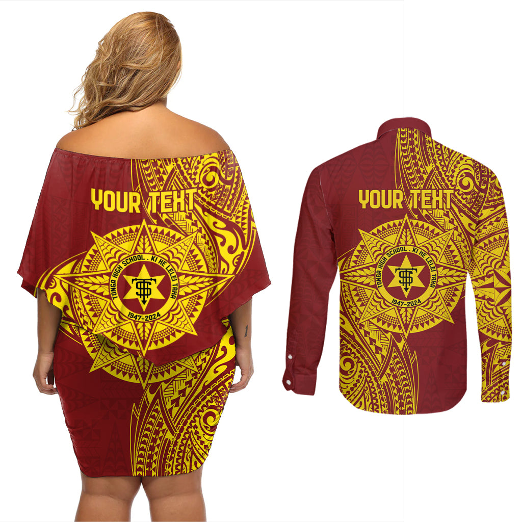 Personalised Tonga High School 77th Anniversary Couples Matching Off Shoulder Short Dress and Long Sleeve Button Shirt Special Kupesi Pattern