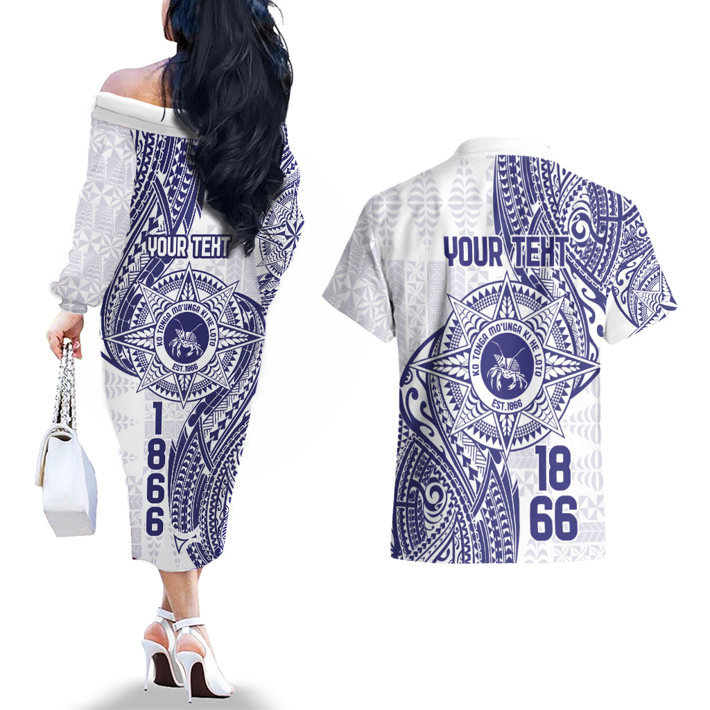 Personalised Tonga Tupou College Tolo Couples Matching Off The Shoulder Long Sleeve Dress and Hawaiian Shirt Since 1866 Special Kupesi Pattern