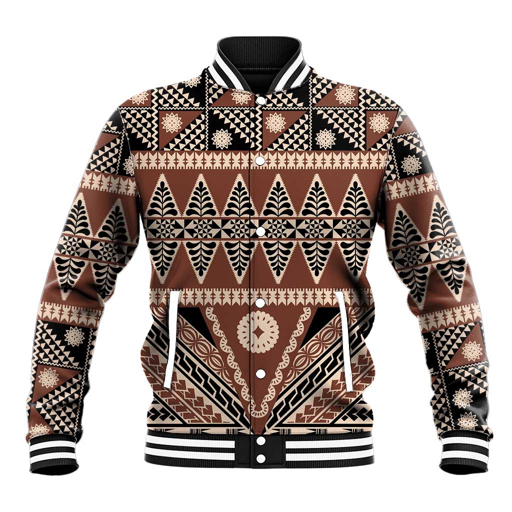 Vintage Bula Fiji Baseball Jacket Brown Tapa Masi Motif LT9 Unisex Brown - Polynesian Pride