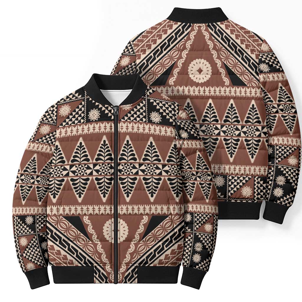 Vintage Bula Fiji Bomber Puffer Jacket Brown Tapa Masi Motif - Polynesian Pride