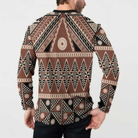 Vintage Bula Fiji Button Sweatshirt Brown Tapa Masi Motif